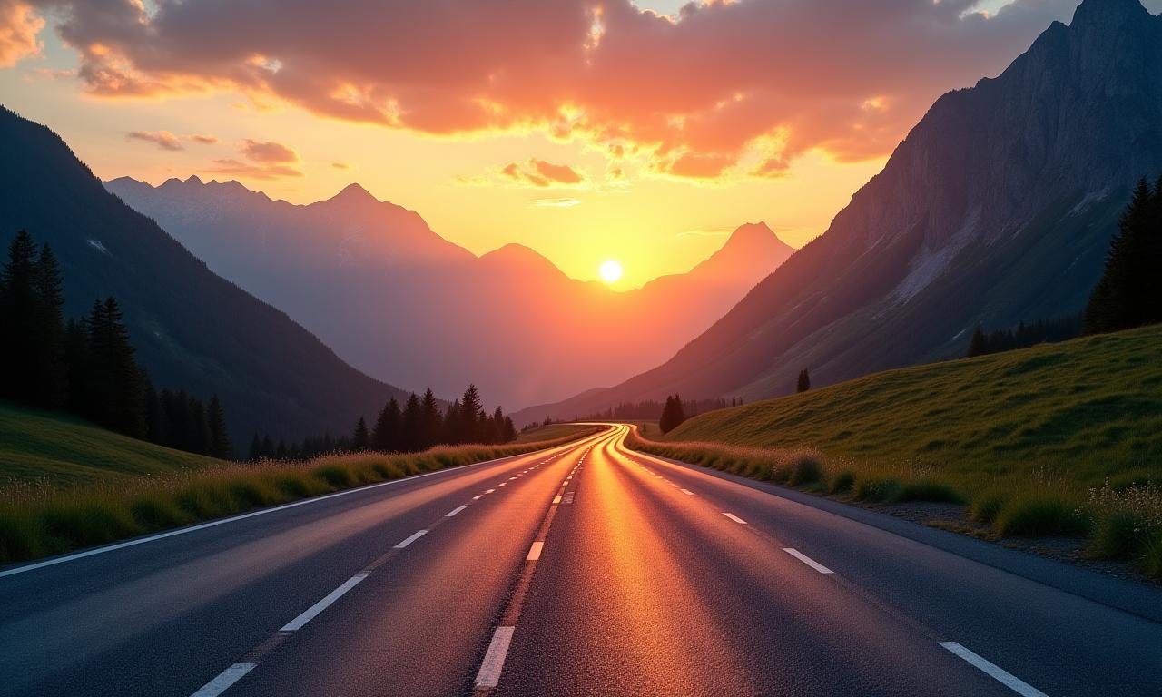 Leere Autobahn in den österreichischen Alpen bei Sonnenuntergang.