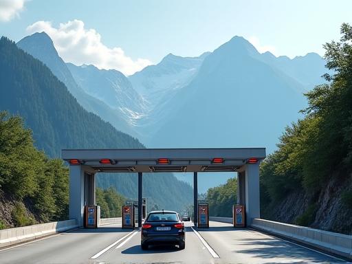 Ein Auto fährt durch eine Mautstation in den Bergen.